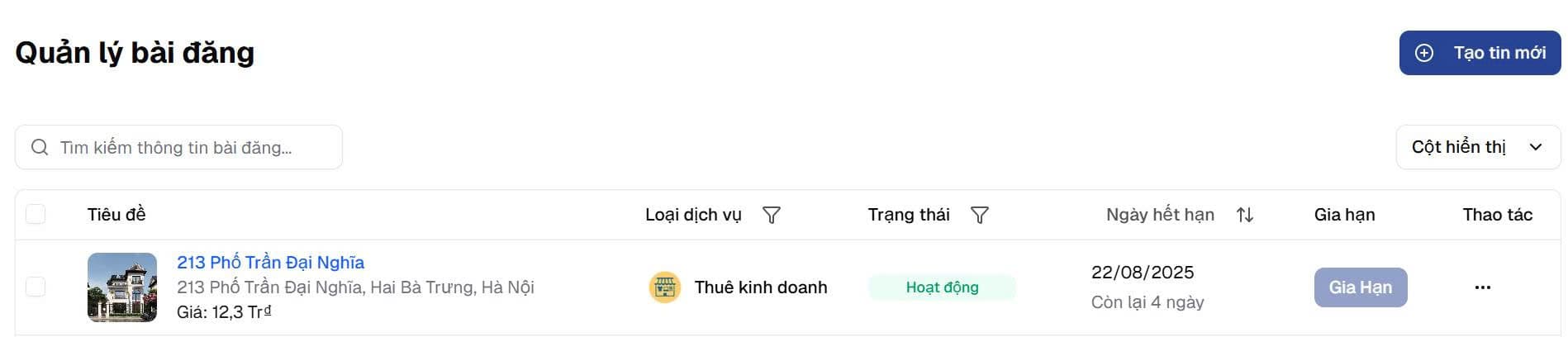 Các thao tác chỉnh sửa, ẩn, xóa tin đăng trên LeaseMap