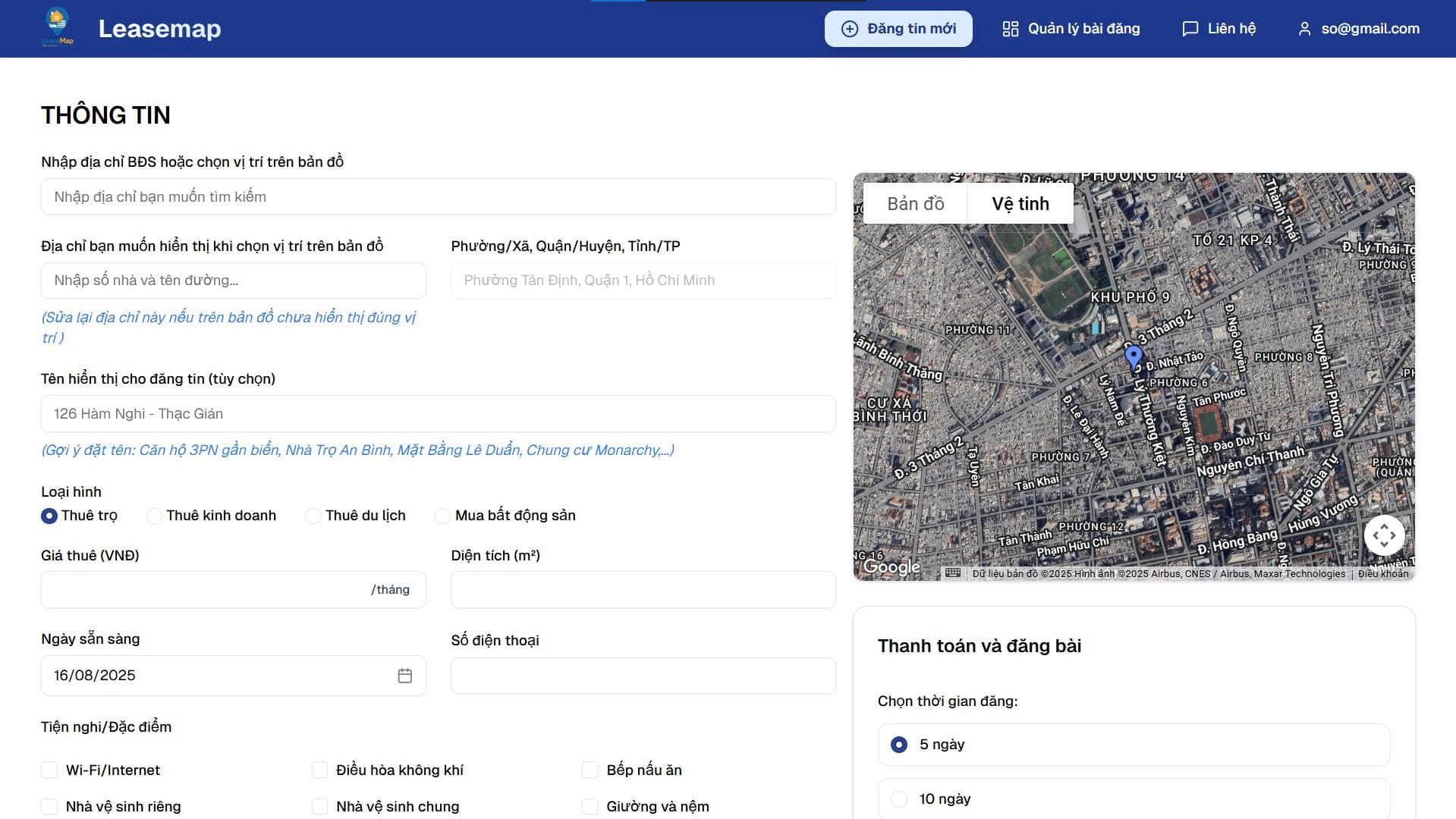 Form đăng tin bất động sản và bản đồ chọn vị trí trên LeaseMap