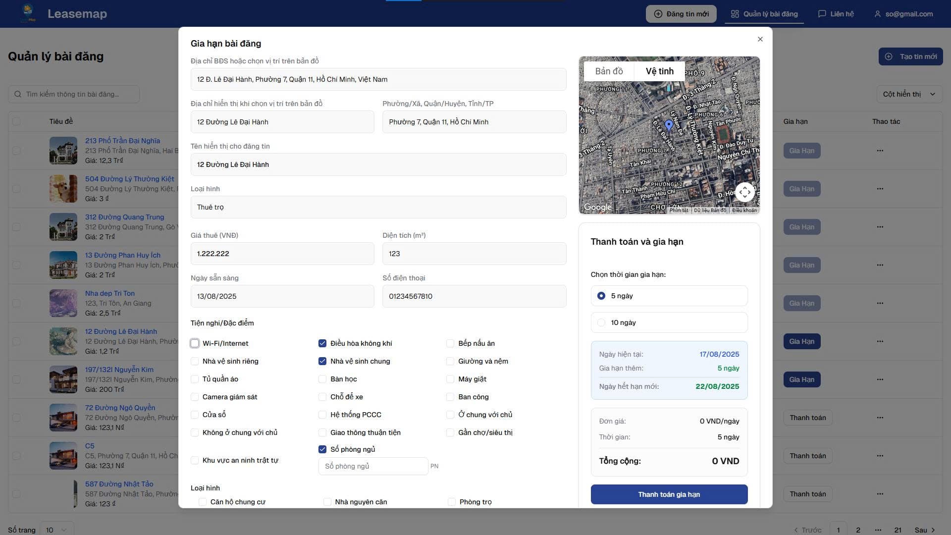 Giao diện đăng ký sử dụng dịch vụ trên LeaseMap