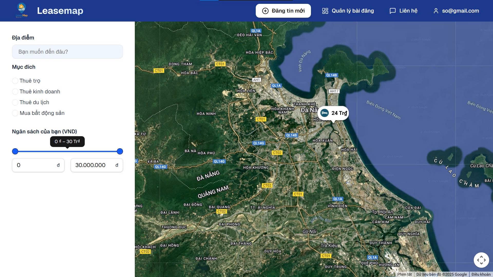 Trang quản lý tin đăng của người dùng trên LeaseMap