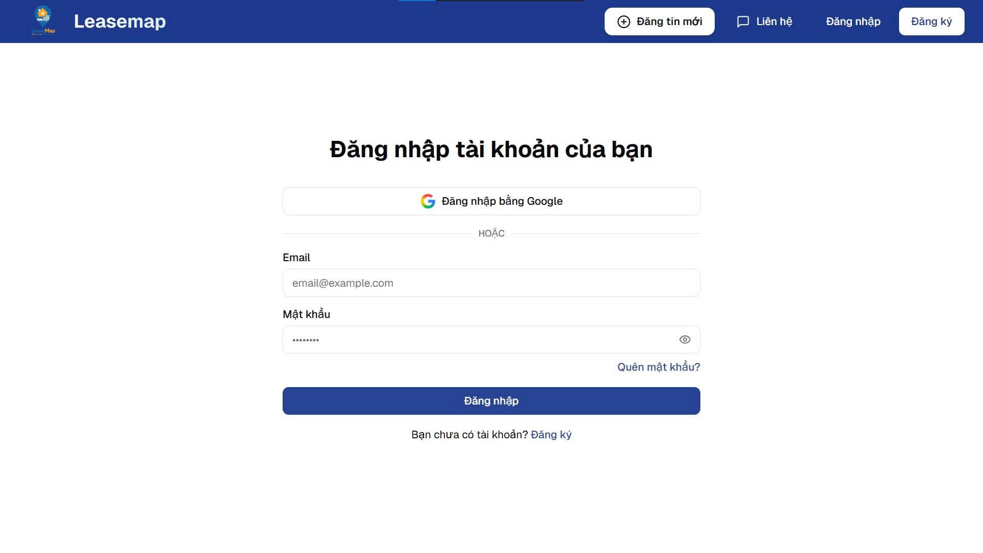 Giao diện đăng nhập LeaseMap và truy cập Quản lý bài đăng